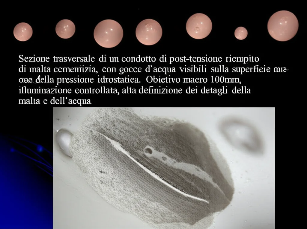 Sezione trasversale di un condotto di post-tensione riempito di malta cementizia, con gocce d'acqua visibili sulla superficie interna a causa della pressione idrostatica. Obiettivo macro 100mm, illuminazione controllata, alta definizione dei dettagli della malta e dell'acqua.