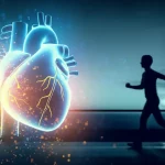 Un cuore umano stilizzato e luminoso, circondato da particelle di energia che simboleggiano il recupero della funzione cardiaca, con una persona in silhouette che cammina energicamente sullo sfondo. Prime lens, 35mm, depth of field, duotone blu vivace e oro per trasmettere speranza e vitalità.