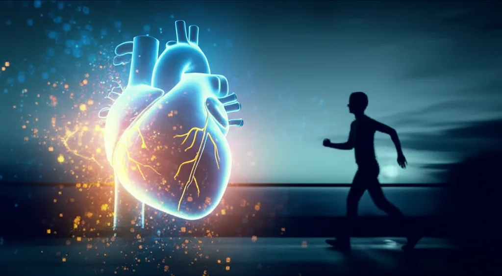 Un cuore umano stilizzato e luminoso, circondato da particelle di energia che simboleggiano il recupero della funzione cardiaca, con una persona in silhouette che cammina energicamente sullo sfondo. Prime lens, 35mm, depth of field, duotone blu vivace e oro per trasmettere speranza e vitalità.