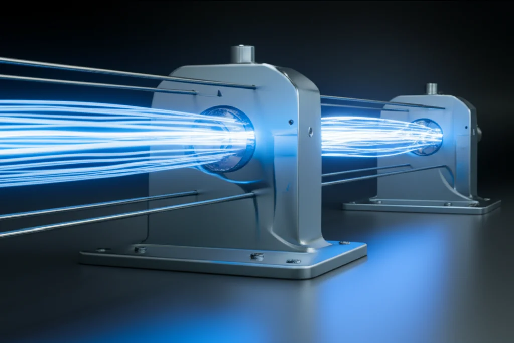 Un primo piano fotorealistico di un generatore elettromagnetico lineare a molla magnetica SDOF, elegante e moderno. Linee di energia blu brillante emanano dal magnete centrale in movimento. Lente macro, 70mm, alta definizione, messa a fuoco precisa, illuminazione da studio controllata con uno sfondo scuro, leggermente industriale.