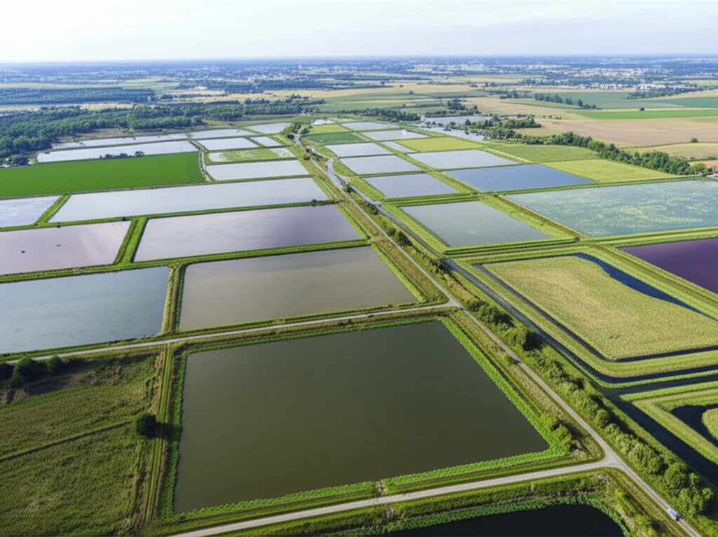Veduta aerea di un paesaggio di stagni interconnessi nella Lusazia, Europa Centrale, con un obiettivo grandangolare da 10mm per mostrare la vastità del sistema, luce del mattino che crea riflessi sull'acqua, alcuni stagni mostrano segni di gestione agricola tradizionale come argini curati e zone di canneto, mentre altri appaiono più selvaggi, simboleggiando l'equilibrio tra allevamento di carpe e conservazione della biodiversità.