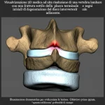 Visualizzazione 3D medica ad alta risoluzione di una vertebra lombare con una frattura sottile della placca terminale e segni iniziali di degenerazione del disco intervertebrale adiacente. Illuminazione drammatica per evidenziare la lesione. Obiettivo prime 35mm, profondità di campo.