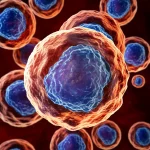 Visualizzazione artistica e fotorealistica di una cellula Natural Killer (NK) che attacca una cellula di leucemia mieloide acuta, con il recettore inibitorio NKG2A evidenziato in rosso sulla superficie della NK e il ligando HLA-E in blu sulla cellula tumorale. L'interazione è mostrata come un blocco energetico. Stile high detail, macro lens 100mm, illuminazione drammatica controllata.