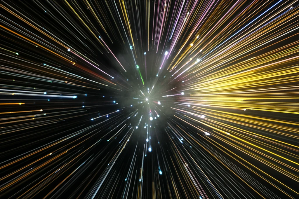 Visualizzazione astratta di un campo di particelle in evoluzione governato da equazioni complesse, che transita da uno stato caotico a uno più ordinato e liscio. Wide-angle lens, 15mm, long exposure per scie di movimento, sharp focus sui pattern emergenti.
