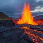 Wide-angle landscape, 10mm, che mostra il vulcano Fagradalsfjall in Islanda durante un'eruzione. Lava fusa scorre da una fessura attraverso un terreno roccioso scuro sotto un cielo nuvoloso e drammatico. Lunga esposizione per catturare il bagliore e il movimento della lava, messa a fuoco nitida sul paesaggio vulcanico.