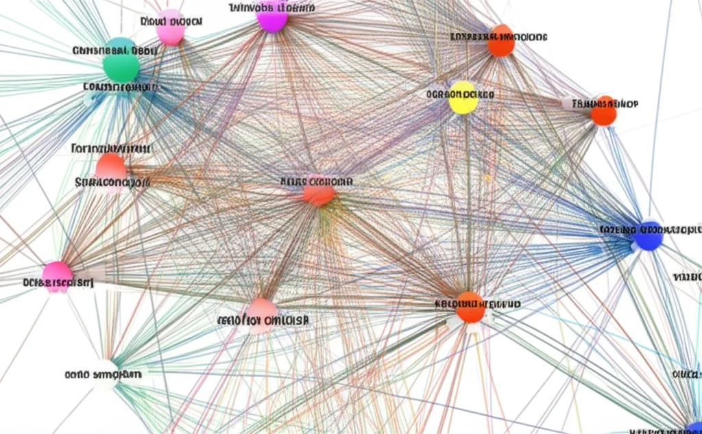 A complex network graph visually representing interconnected nodes. Different colored clusters represent childhood trauma types, clinical symptoms, and functioning domains. Thicker lines show stronger connections. Use a macro lens, 105mm, high detail, precise focusing, controlled lighting to emphasize the intricate structure.