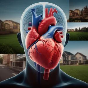 Fotografia concettuale fotorealistica: un cervello umano stilizzato e un cuore anatomico rosso brillante sono sovrapposti leggermente trasparenti su un collage di diverse foto di quartieri - una strada urbana affollata, una tranquilla scena rurale con campi e una vista di un'area periurbana con case moderne. L'immagine simboleggia il conflitto e l'interazione tra ragione (cervello) ed emozione (cuore) nella scelta del luogo in cui vivere. Prime lens, 50mm, shallow depth of field, luce soffusa e suggestiva, effetto overlay.