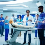 Fotografia wide-angle, lente 15mm, messa a fuoco nitida. Un'aula di simulazione medica futuristica e luminosa. Al centro, un gruppo multiculturale di studenti di medicina interagisce con un manichino high-tech, mentre su schermi olografici fluttuano interfacce AI e dati biometrici. L'atmosfera è collaborativa e inclusiva.