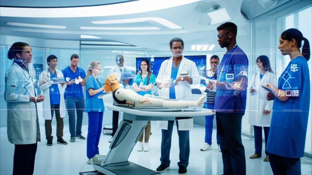 Fotografia wide-angle, lente 15mm, messa a fuoco nitida. Un'aula di simulazione medica futuristica e luminosa. Al centro, un gruppo multiculturale di studenti di medicina interagisce con un manichino high-tech, mentre su schermi olografici fluttuano interfacce AI e dati biometrici. L'atmosfera è collaborativa e inclusiva.