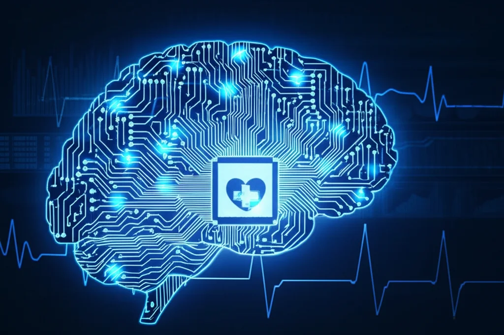 Immagine concettuale di un cervello umano stilizzato composto da circuiti quantistici luminosi blu intrecciati con un flusso di dati sanitari digitali (simboli medici, grafici ECG), obiettivo 50mm, profondità di campo, sfondo scuro high-tech.