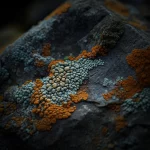 Immagine fotorealistica che combina un primo piano macro dettagliato di un lichene crustoso complesso e colorato su una roccia (obiettivo macro 60mm, alto dettaglio) che si fonde senza soluzione di continuità in una rappresentazione digitale astratta del suo codice genetico sottostante e delle vie biosintetiche (linee luminose, sfondo scuro), suggerendo l'esplorazione bioinformatica.