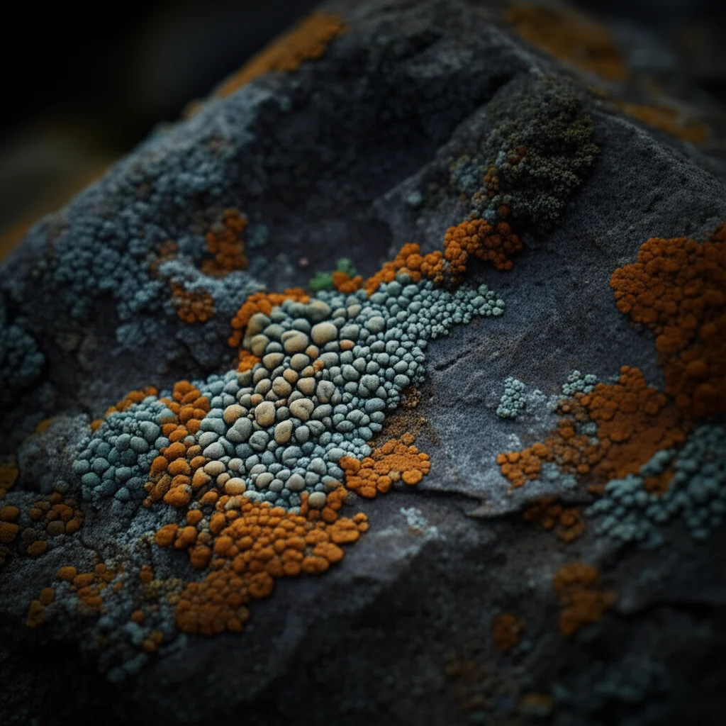 Immagine fotorealistica che combina un primo piano macro dettagliato di un lichene crustoso complesso e colorato su una roccia (obiettivo macro 60mm, alto dettaglio) che si fonde senza soluzione di continuità in una rappresentazione digitale astratta del suo codice genetico sottostante e delle vie biosintetiche (linee luminose, sfondo scuro), suggerendo l'esplorazione bioinformatica.