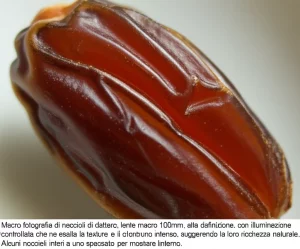 Macro fotografia di noccioli di dattero, lente macro 100mm, alta definizione, con illuminazione controllata che ne esalta la texture e il colore bruno intenso, suggerendo la loro ricchezza naturale. Alcuni noccioli interi e uno spaccato per mostrare l'interno.