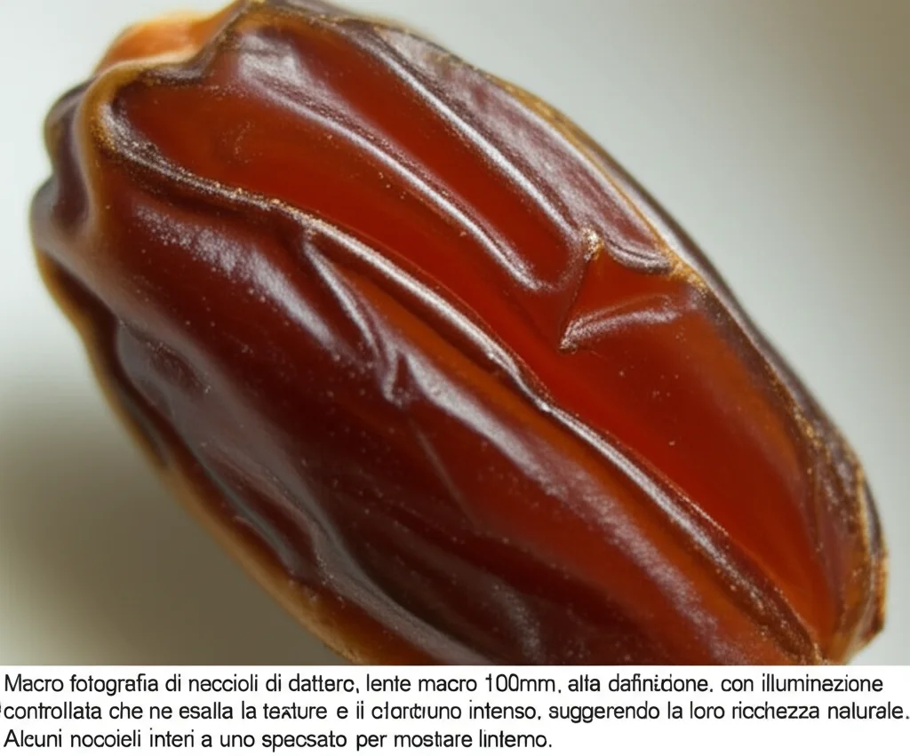 Macro fotografia di noccioli di dattero, lente macro 100mm, alta definizione, con illuminazione controllata che ne esalta la texture e il colore bruno intenso, suggerendo la loro ricchezza naturale. Alcuni noccioli interi e uno spaccato per mostrare l'interno.