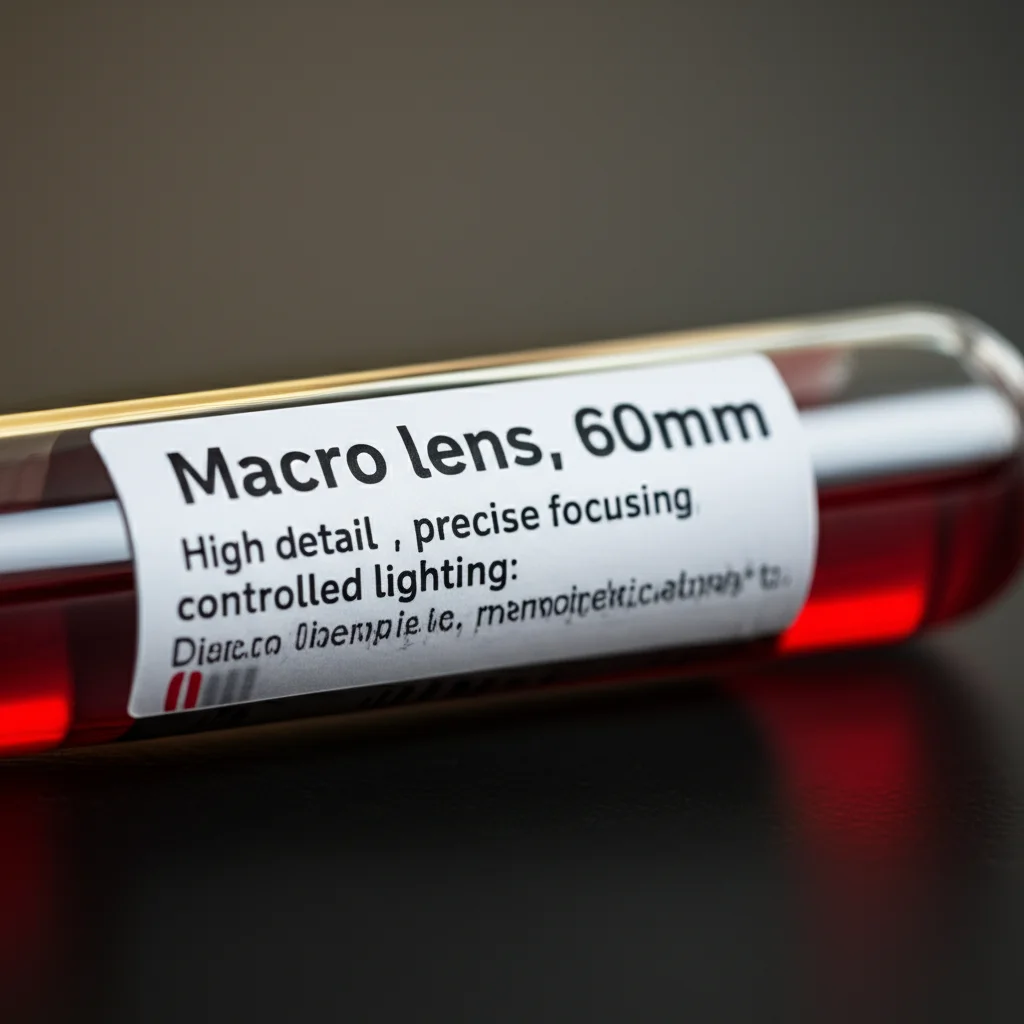 Macro lens, 60mm, High detail, precise focusing, controlled lighting: Close-up view of a blood sample tube labeled for research, hinting at microscopic analysis of cells.