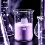 Objects, Macro lens, 105mm, high detail, precise focusing, controlled lighting: A still life image featuring chemical beakers and flasks containing white and light purple powders, representing the 5AT and NaIO4 mixture, with a subtle hint of heat haze rising from one beaker.