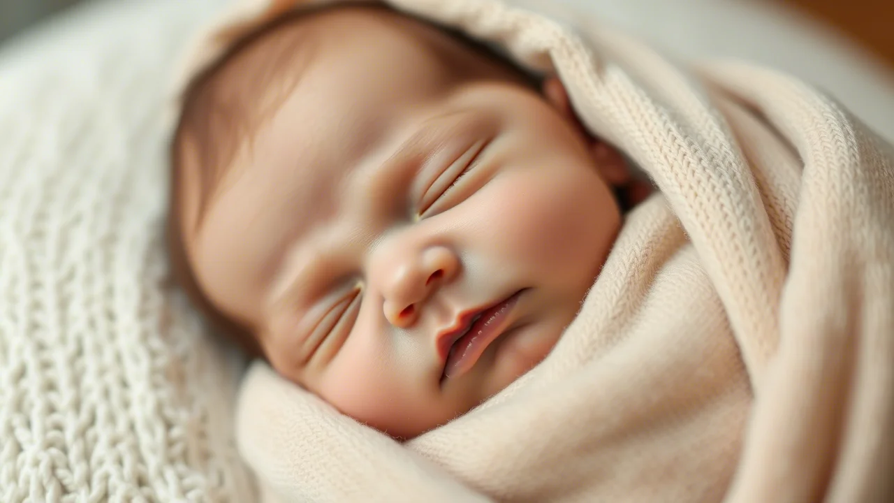 Primo piano di un neonato che dorme pacificamente, avvolto in una copertina morbida. Luce naturale laterale che ne evidenzia i lineamenti delicati. Macro lens, 85mm, high detail, precise focusing, per trasmettere un senso di calma e benessere.