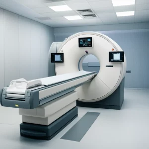 Primo piano di uno scanner TC moderno con tecnologia Photon-Counting Detector (PCD-CT) in una sala radiologica luminosa e high-tech, che evidenzia l'innovazione tecnologica, fotografia architettonica/tecnologica, obiettivo grandangolare 24mm, messa a fuoco nitida, illuminazione pulita.