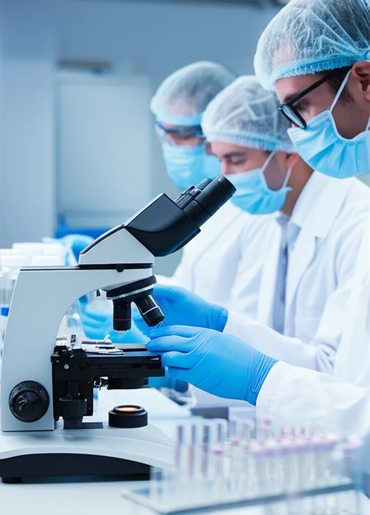 Ricercatori in un laboratorio moderno che analizzano campioni di tessuto tumorale al microscopio, con fiale e strumentazione scientifica sullo sfondo, fotografia di reportage scientifico, obiettivo prime 50mm, luce da laboratorio brillante ma diffusa, focus sui volti concentrati dei ricercatori e sulle mani che manipolano i campioni.