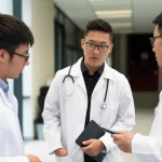 Un gruppo di studenti di medicina cinesi, maschi e femmine, in camice bianco, discutono seriamente ma con atteggiamento aperto in un corridoio universitario moderno e luminoso. Alcuni consultano tablet. Fotografia di reportage, obiettivo da 35mm, luce naturale filtrata da finestre, espressioni concentrate ma collaborative.