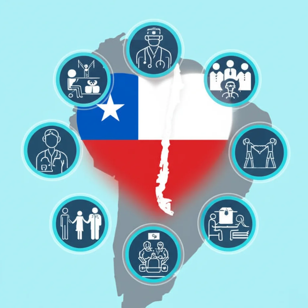 Un'immagine concettuale che rappresenta l'assistenza sanitaria centrata sul paziente in Cile: una mappa stilizzata del Cile con un cuore luminoso al centro, circondato da icone che simboleggiano medici, pazienti e comunità che si tengono per mano. Obiettivo grandangolare, 10-24mm, colori vivaci e speranzosi, messa a fuoco nitida.