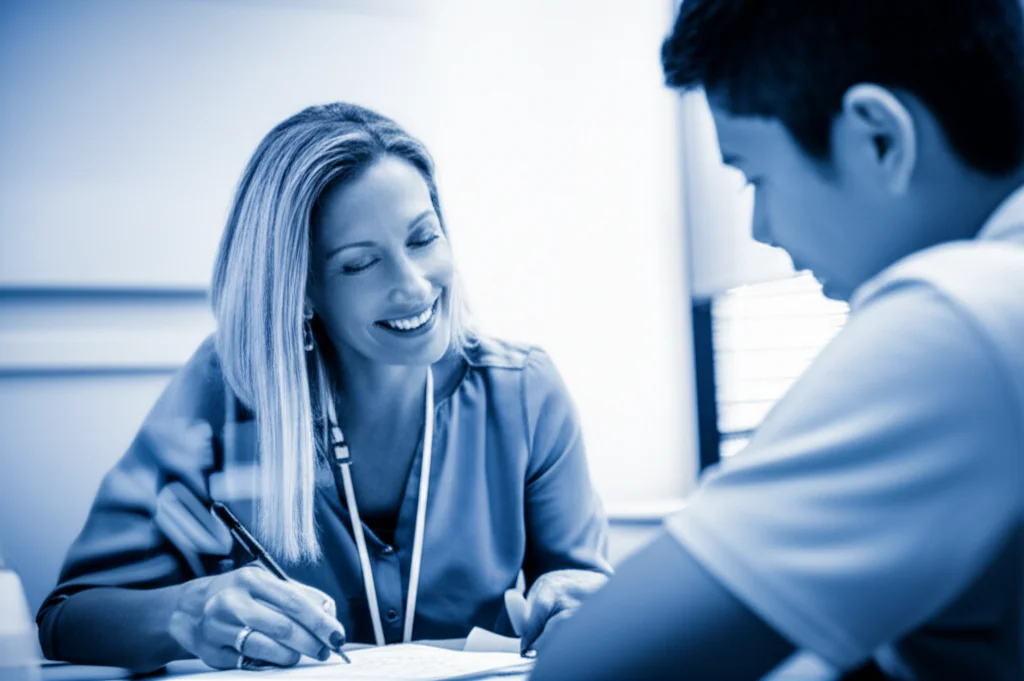 Un'insegnante sorridente in un'aula moderna che interagisce positivamente con uno studente, offrendogli un feedback costruttivo su un compito. Prime lens, 35mm, duotone blu e grigio, depth of field, luce naturale soffusa.