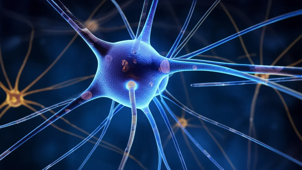 Visualizzazione artistica di neuroni interconnessi con evidenziazione delle dinamiche microtubulari e mitocondriali, con un focus sulla proteina AGTPBP1 e l'effetto benefico del farmaco Lacosamide che ripristina la funzione. Macro lens, 80mm, high detail, precise focusing, illuminazione drammatica blu e oro duotone per enfatizzare le strutture cellulari e l'impatto terapeutico.