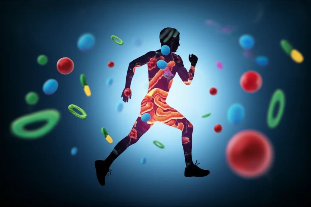 Composizione grafica che mostra la silhouette di un atleta in corsa sovrapposta a una visualizzazione artistica del microbioma intestinale e molecole di biomarcatori, con colori vivaci su sfondo scuro, stile fotorealistico, obiettivo zoom 35mm, profondità di campo.