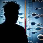 Conceptual image, prime lens 35mm, a concerned man's silhouette against a backdrop of a rising thermometer and a stylized, slightly blurred representation of sperm, depth of field, blue and orange duotones to represent cool and heat.