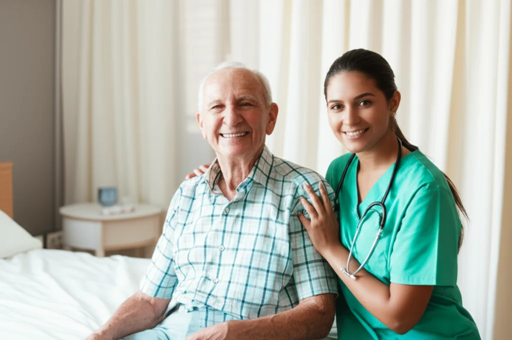 Fotografia ritratto di un paziente anziano sorridente e sereno assistito da un'infermiera premurosa in una luminosa stanza di degenza post-operatoria, obiettivo da 35mm, profondità di campo, duotono verde acqua e beige per infondere tranquillità e speranza.