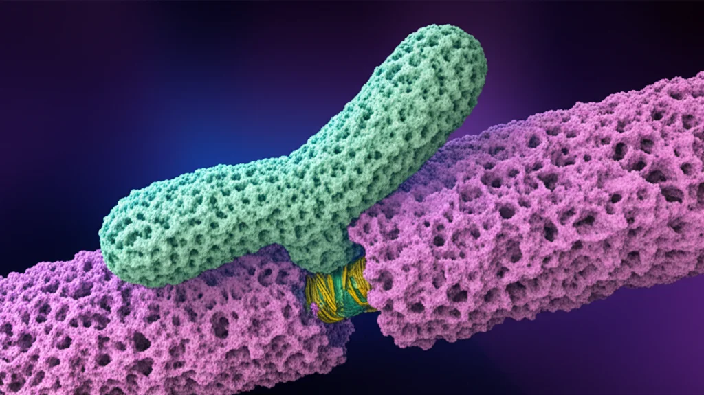 Illustrazione fotorealistica del complesso del cinetocore del Trypanosoma brucei che interagisce con un cromosoma, con la proteina KKT23 evidenziata, all'interno di una cellula stilizzata, dettagli molecolari precisi, macro lens 80mm.