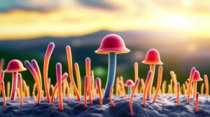 Immagine artistica di spore fungine di vari colori che fluttuano nell'aria sopra un paesaggio stilizzato di Kastamonu, Turchia, con elementi meteorologici come sole e nuvole. Macro lens, 60mm, high detail, controlled lighting, con un leggero effetto bokeh sullo sfondo.