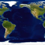 Immagine atmosferica dell'Oceano Atlantico settentrionale vista dallo spazio, con sistemi meteorologici visibili che illustrano la dinamica dell'Oscillazione Nord Atlantica. Obiettivo grandangolare, 10mm, long exposure per nuvole setose, messa a fuoco nitida sull'orizzonte terrestre curvo, colori intensi del blu profondo dell'oceano e del bianco brillante delle formazioni nuvolose, evocando un senso di cambiamento climatico.