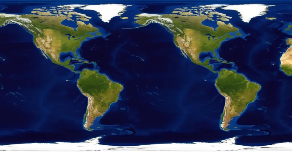 Immagine atmosferica dell'Oceano Atlantico settentrionale vista dallo spazio, con sistemi meteorologici visibili che illustrano la dinamica dell'Oscillazione Nord Atlantica. Obiettivo grandangolare, 10mm, long exposure per nuvole setose, messa a fuoco nitida sull'orizzonte terrestre curvo, colori intensi del blu profondo dell'oceano e del bianco brillante delle formazioni nuvolose, evocando un senso di cambiamento climatico.