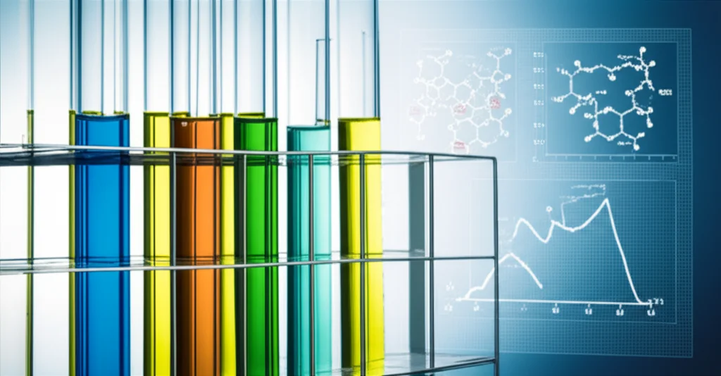 Immagine concettuale di laboratorio high-tech con provette contenenti soluzioni colorate di tensioattivi zwitterionici, sullo sfondo grafici di tensione superficiale e strutture molecolari, illuminazione da laboratorio brillante, obiettivo 50mm prime, profondità di campo.