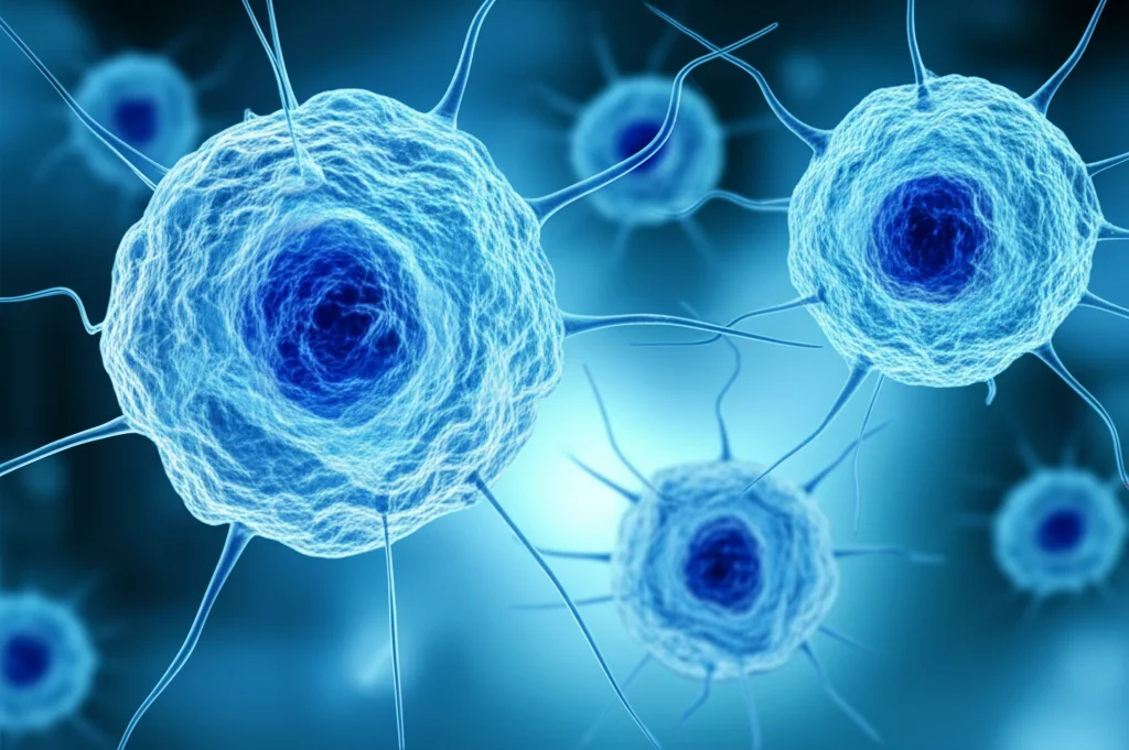 Immagine fotorealistica di un fascio di luce bluastra che simboleggia l'innovazione tecnologica, focalizzato su una rappresentazione stilizzata di cellule tumorali. Obiettivo macro 90mm per un dettaglio estremo sulle cellule, con un effetto 'profondità di campo' che sfoca lo sfondo high-tech di un laboratorio di ricerca. L'illuminazione è controllata e direzionale, creando un'atmosfera di scoperta scientifica.