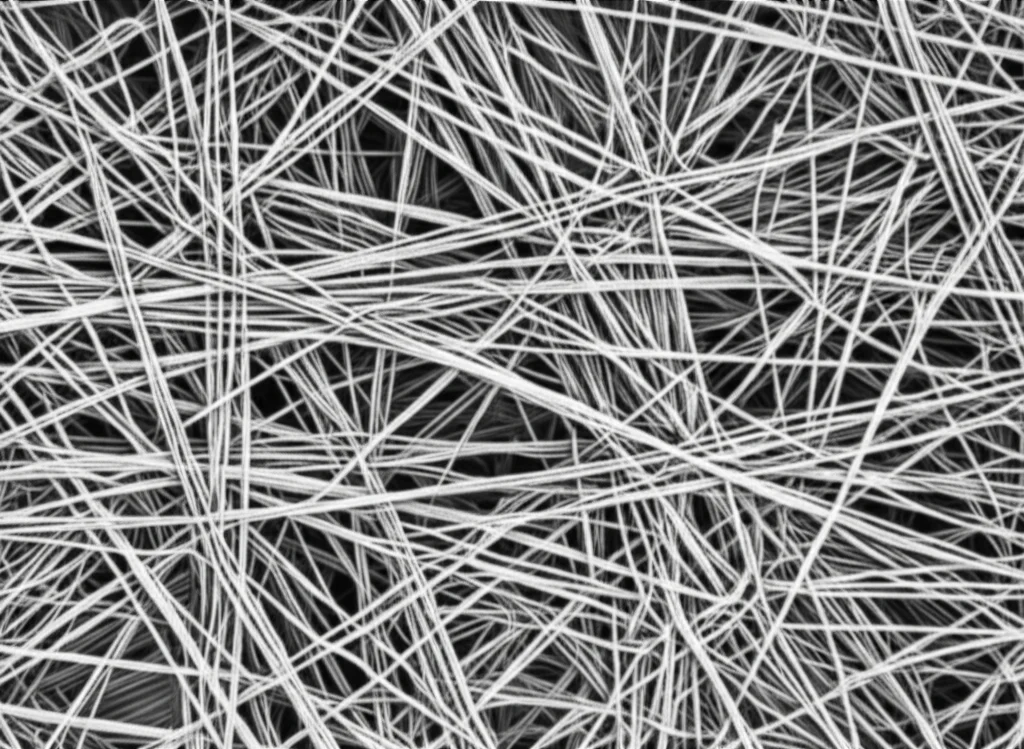 Immagine fotorealistica, obiettivo macro 60mm, vista dettagliata di nanofibre di alcool polivinilico/alginato di sodio elettrofilate che formano una membrana intricata e priva di perline. Alto dettaglio, messa a fuoco precisa, illuminazione controllata per enfatizzare la texture e la struttura su nanoscala.