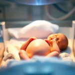 Neonato in incubatrice sotto luce blu della fototerapia, con focus sulla zona cardiaca, atmosfera di cura, immagine fotorealistica, obiettivo primario 35mm, profondità di campo, bicromia blu e giallo caldo.