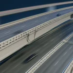 Photorealistic image of a continuous concrete box-girder bridge simulated under seismic stress, wide-angle 24mm, motion tracking.