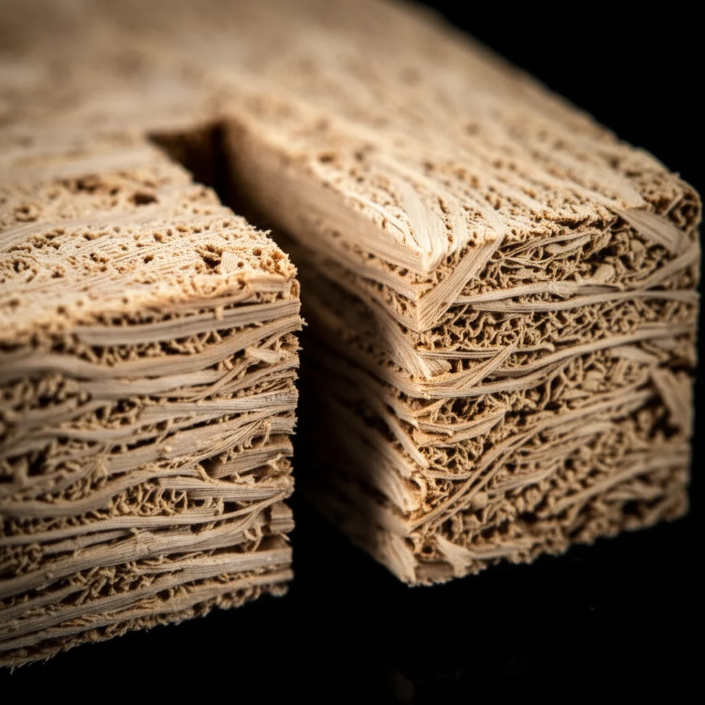 Photorealistic image of a double lap joint made from natural fiber composites (Kenaf and Sawdust), macro lens, high detail, precise focusing, controlled lighting