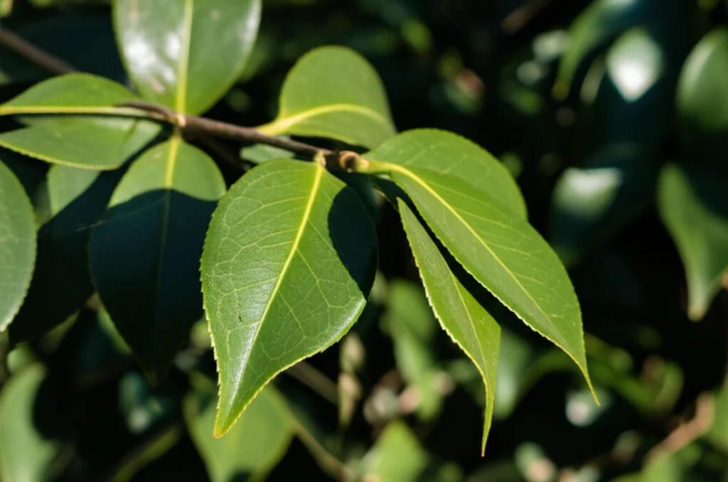 Pianta di Camelia da Olio rigogliosa in un campo soleggiato, con un focus macro su una foglia verde brillante e sana. Obiettivo macro 90mm, alta definizione, luce naturale controllata per esaltare la texture della foglia e lo sfondo leggermente sfocato del campo.