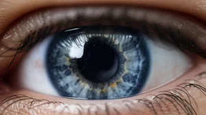 Primo piano di un occhio umano durante un esame oftalmologico avanzato, luce focalizzata sulla cornea che mostra dettagli strutturali, ambiente clinico moderno e sterile. Obiettivo macro 100mm, alta definizione, illuminazione controllata, profondità di campo selettiva.