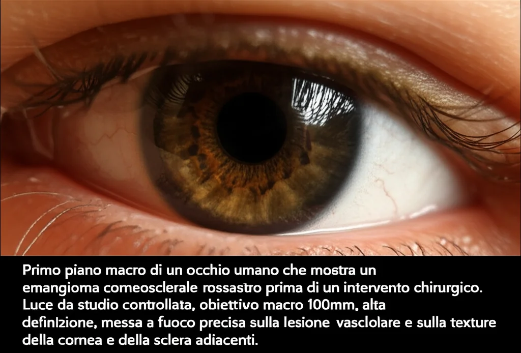 Primo piano macro di un occhio umano che mostra un emangioma corneosclerale rossastro prima di un intervento chirurgico. Luce da studio controllata, obiettivo macro 100mm, alta definizione, messa a fuoco precisa sulla lesione vascolare e sulla texture della cornea e della sclera adiacenti.