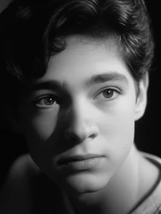 Ritratto fotografico di un adolescente con espressione pensierosa e malinconica, luce laterale che crea ombre profonde sul viso, obiettivo 50mm, stile film noir, bianco e nero con leggera grana, profondità di campo ridotta per sfocare lo sfondo e concentrare l'attenzione sul soggetto.