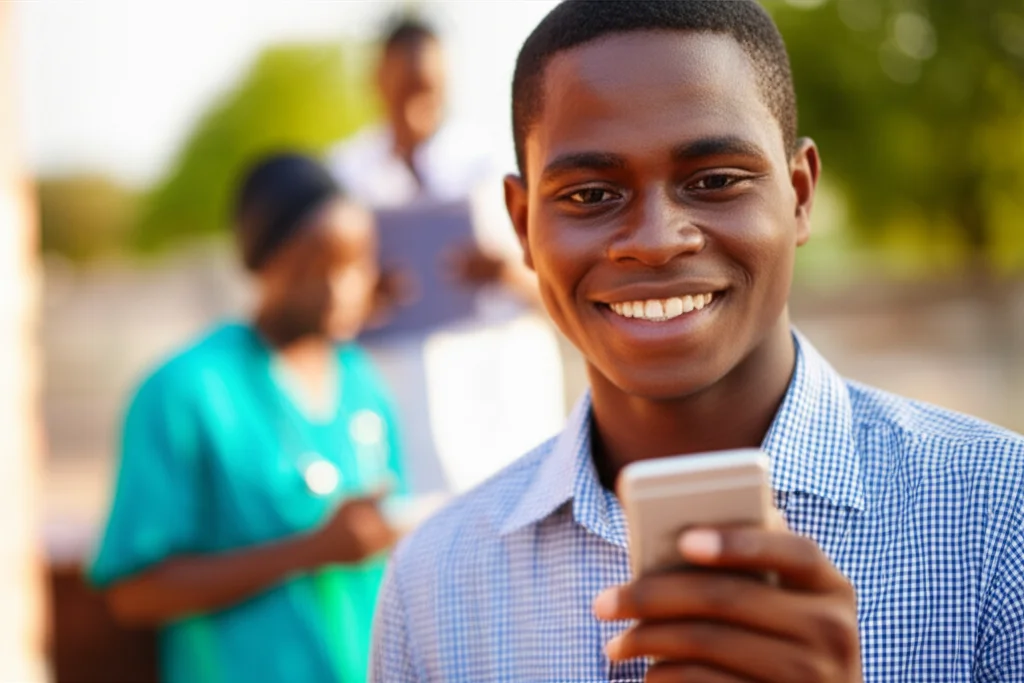 Un adolescente sorridente in Camerun tiene in mano uno smartphone, in background sfocato si intravede un operatore sanitario o un coetaneo di supporto. Fotografia di ritratto, obiettivo 50mm, luce calda del tardo pomeriggio, profondità di campo ridotta per enfatizzare il soggetto.