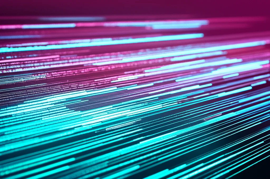 Un'immagine concettuale di un flusso dinamico di dati digitali che viene processato e raffinato da una serie di filtri lineari adattivi, simboleggiati da barre luminose che si aggiustano. Obiettivo prime 24mm, profondità di campo, duotono ciano e magenta, per un look moderno e tecnologico.