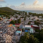 Veduta aerea, wide-angle 10mm, di una discarica a cielo aperto situata pericolosamente vicino a un'area residenziale in un contesto tropicale come la Guadalupa. Luce del tardo pomeriggio, long exposure per un cielo leggermente mosso, a simboleggiare l'impatto ambientale. Sharp focus sull'interfaccia tra discarica e abitazioni.