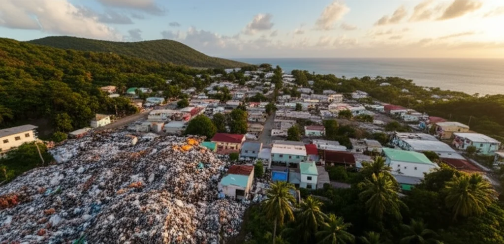 Veduta aerea, wide-angle 10mm, di una discarica a cielo aperto situata pericolosamente vicino a un'area residenziale in un contesto tropicale come la Guadalupa. Luce del tardo pomeriggio, long exposure per un cielo leggermente mosso, a simboleggiare l'impatto ambientale. Sharp focus sull'interfaccia tra discarica e abitazioni.