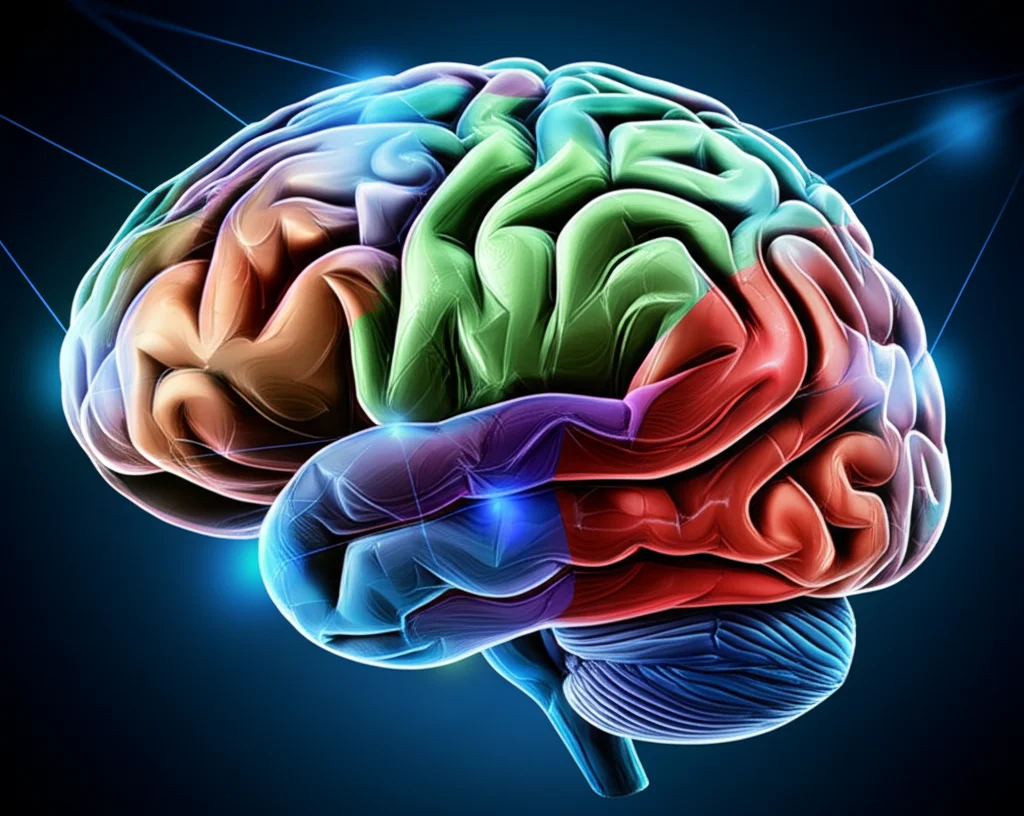 Visualizzazione artistica e fotorealistica del cervello umano con aree colorate che rappresentano l'attività della corteccia somatosensoriale e prefrontale, su uno sfondo scuro con sottili linee di connessione, illuminazione drammatica per evidenziare le aree attive, obiettivo prime 35mm, profondità di campo per mettere a fuoco le aree chiave.