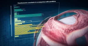 Visualizzazione concettuale di un nomogramma medico predittivo per il rischio di carcinoma gastrico, sovrapposto a un'immagine stilizzata della mucosa gastrica. Il nomogramma presenta scale graduate e linee che connettono diversi fattori di rischio. Illuminazione drammatica con focus selettivo sul nomogramma. Obiettivo macro 100mm per i dettagli della mucosa, combinato con un effetto grafico per il nomogramma. Colori dominanti blu scuro e accenti arancioni per evidenziare il rischio.
